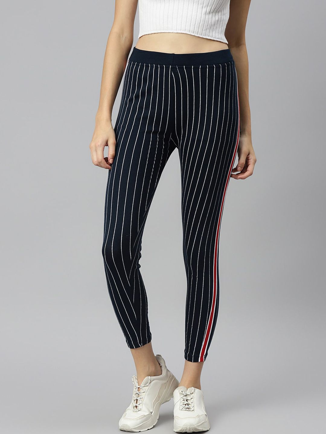 Aarika Women Navy Blue Striped Slim-Fit Ankle-Length Track Pants Price in India