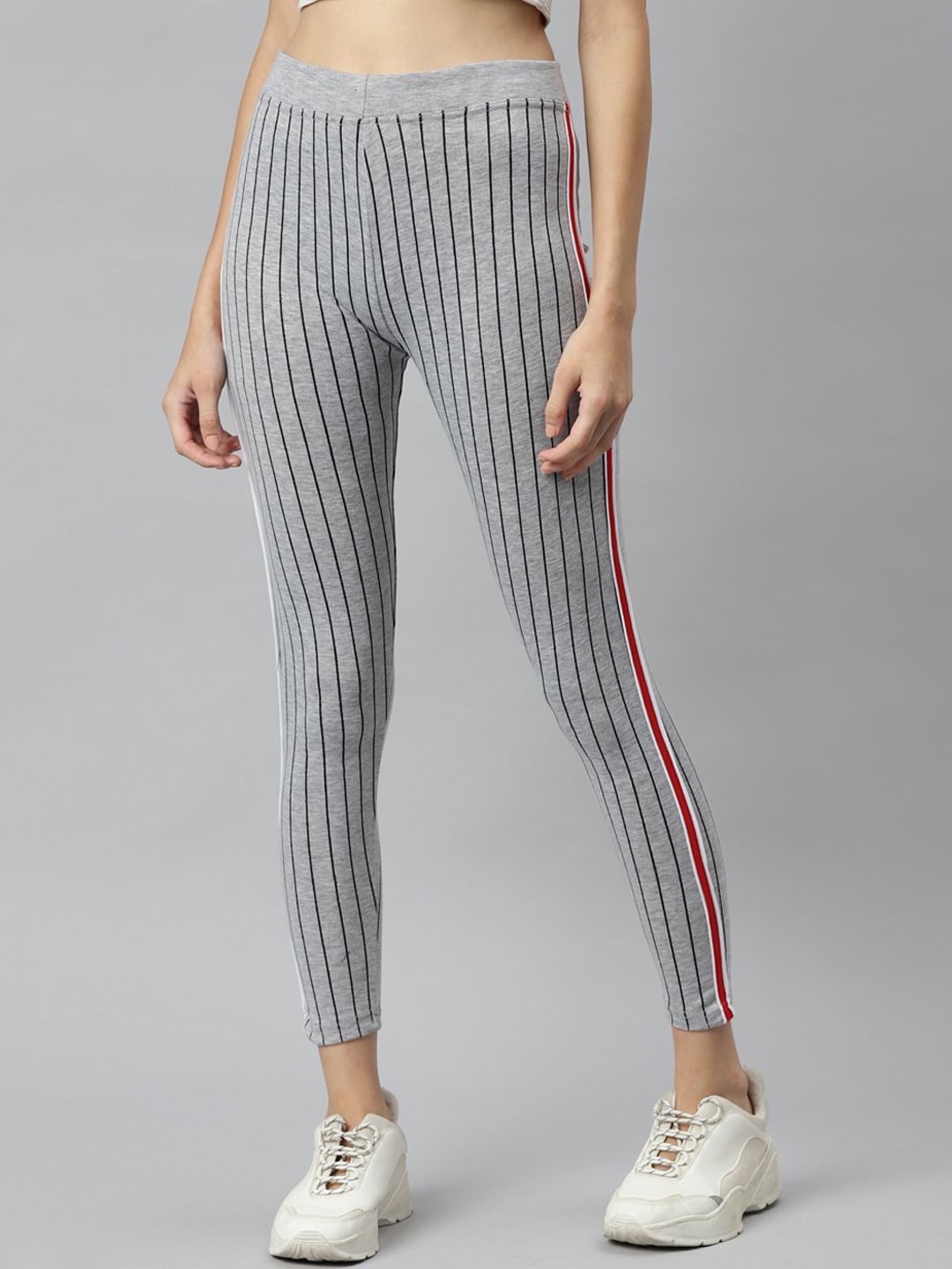 Aarika Women Grey & Black Striped Slim-Fit Tights Price in India