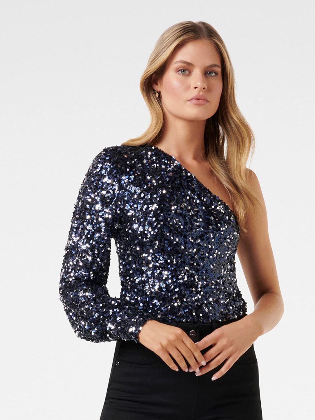 Forever New Women Blue Embellished One Shoulder Glitter Top Price in India