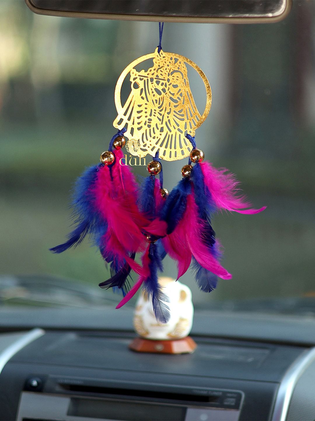 DULI Unisex Gold-Toned & Pink Car Hanging Radha Krishan Dream Catcher With Feathers Price in India