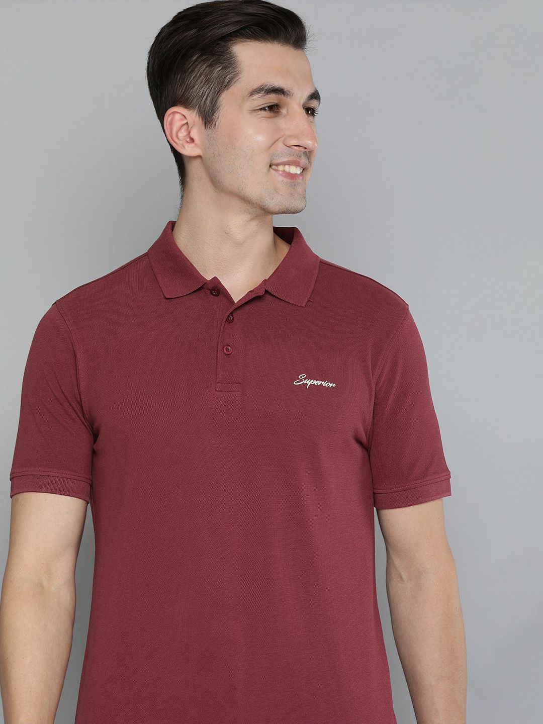 HERE&NOW Men Burgundy Solid Polo Collar Pure Cotton T-shirt