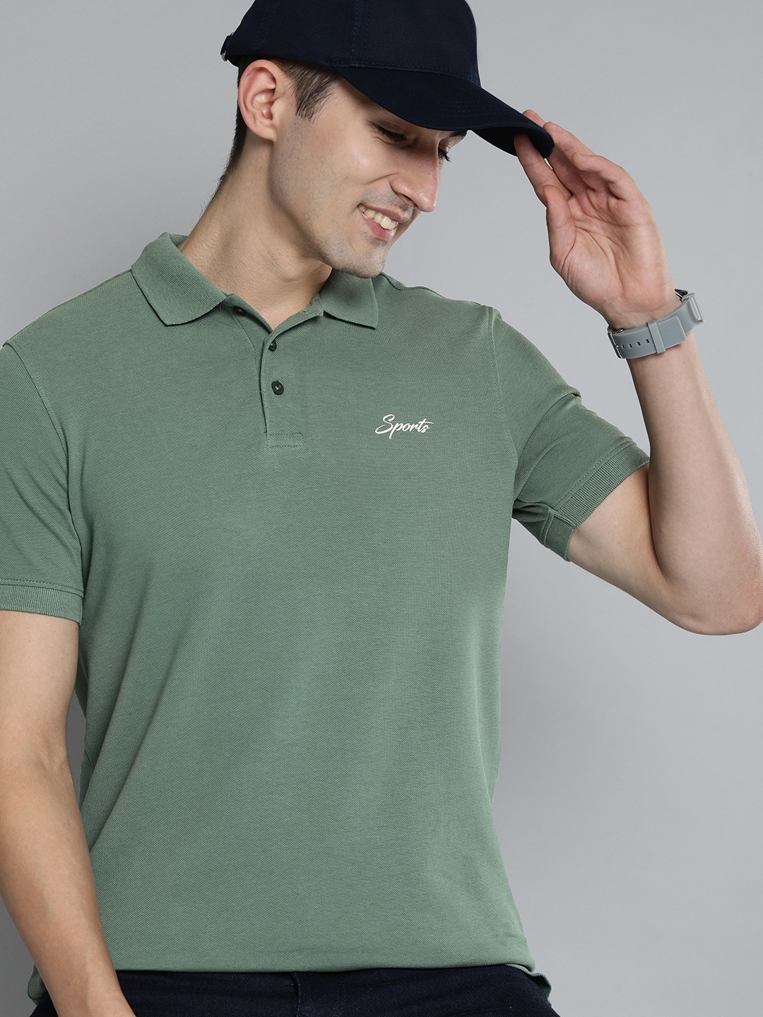 HERE&NOW Men Green Solid Polo Collar Pure Cotton T-shirt