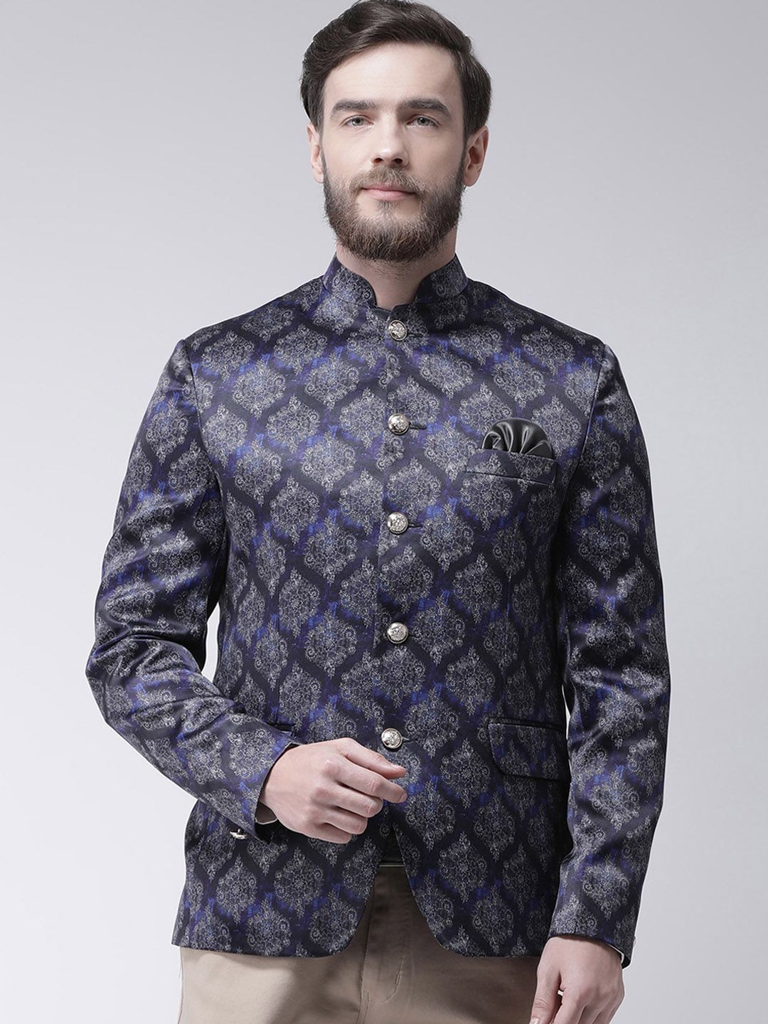 Hangup Men Blue & Grey Self Design Bandhgala Ethnic Blazers