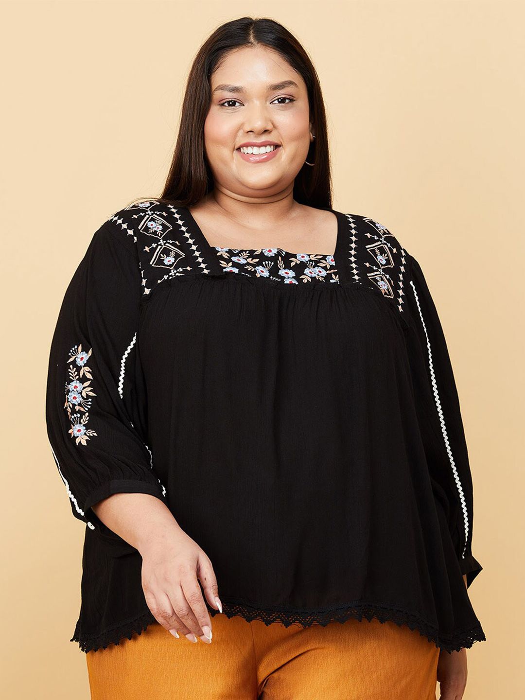 max Black Floral Embroidered Plus Size Top Price in India