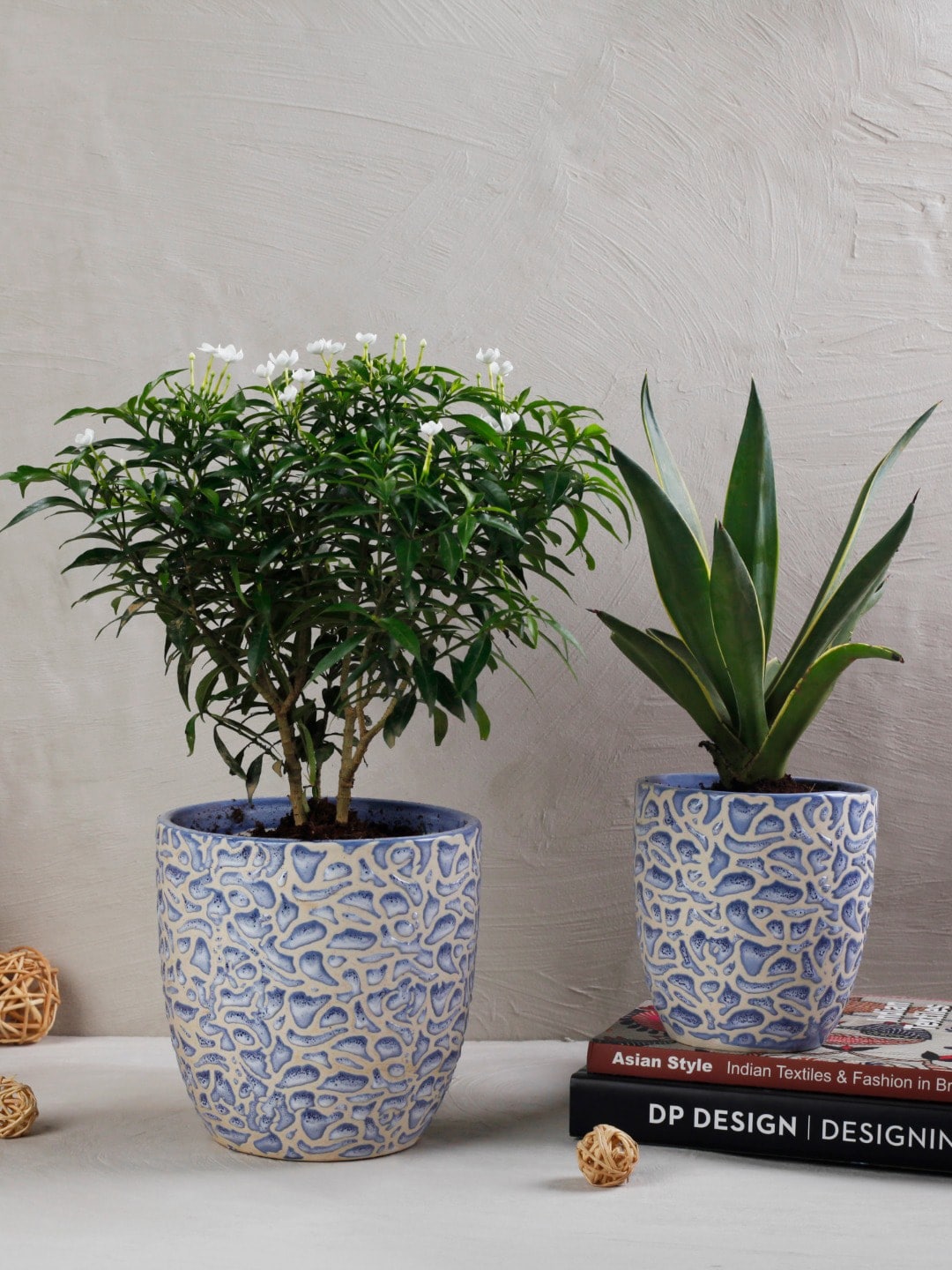 The 7 DeKor Blue & White Printed Textured Planter Price in India