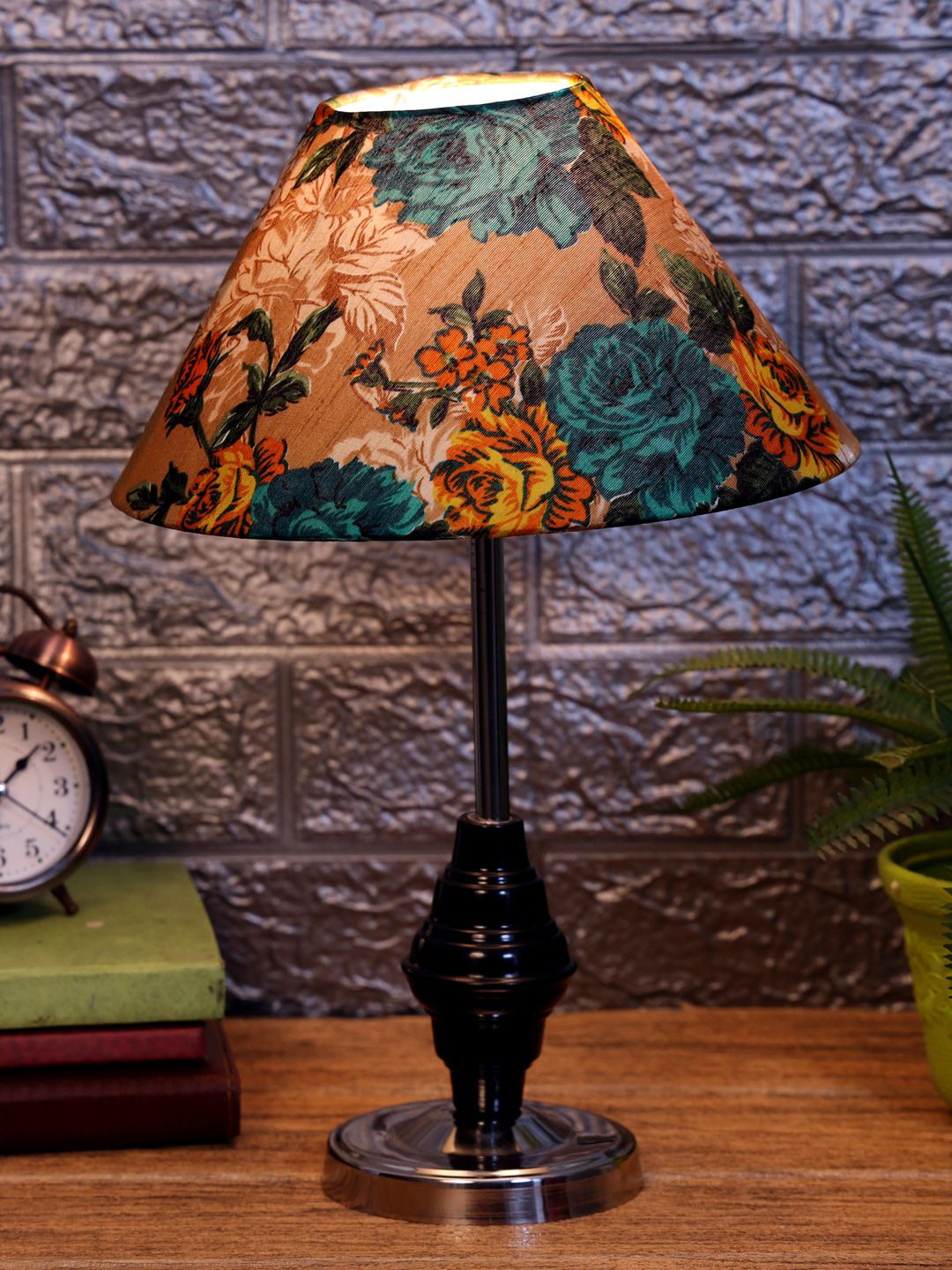 foziq Black & Brown Floral Printed Contemporary Table Lamp Price in India