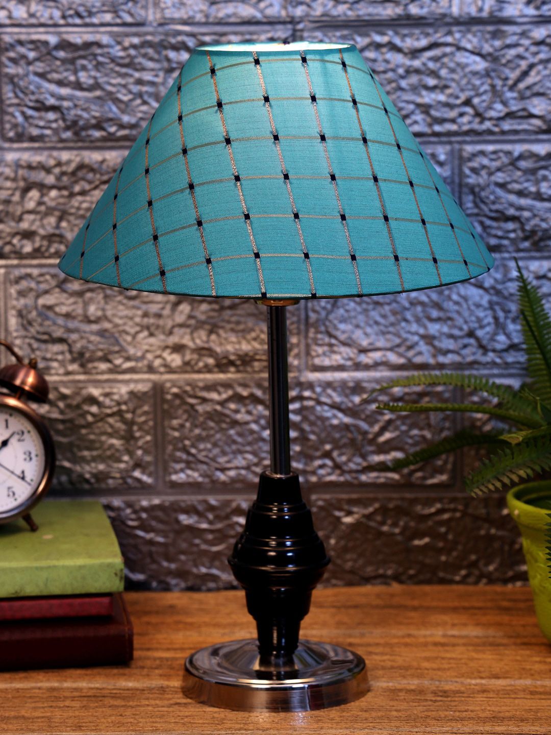 foziq Unisex Black & Blue Printed Table Lamps With Shade Price in India