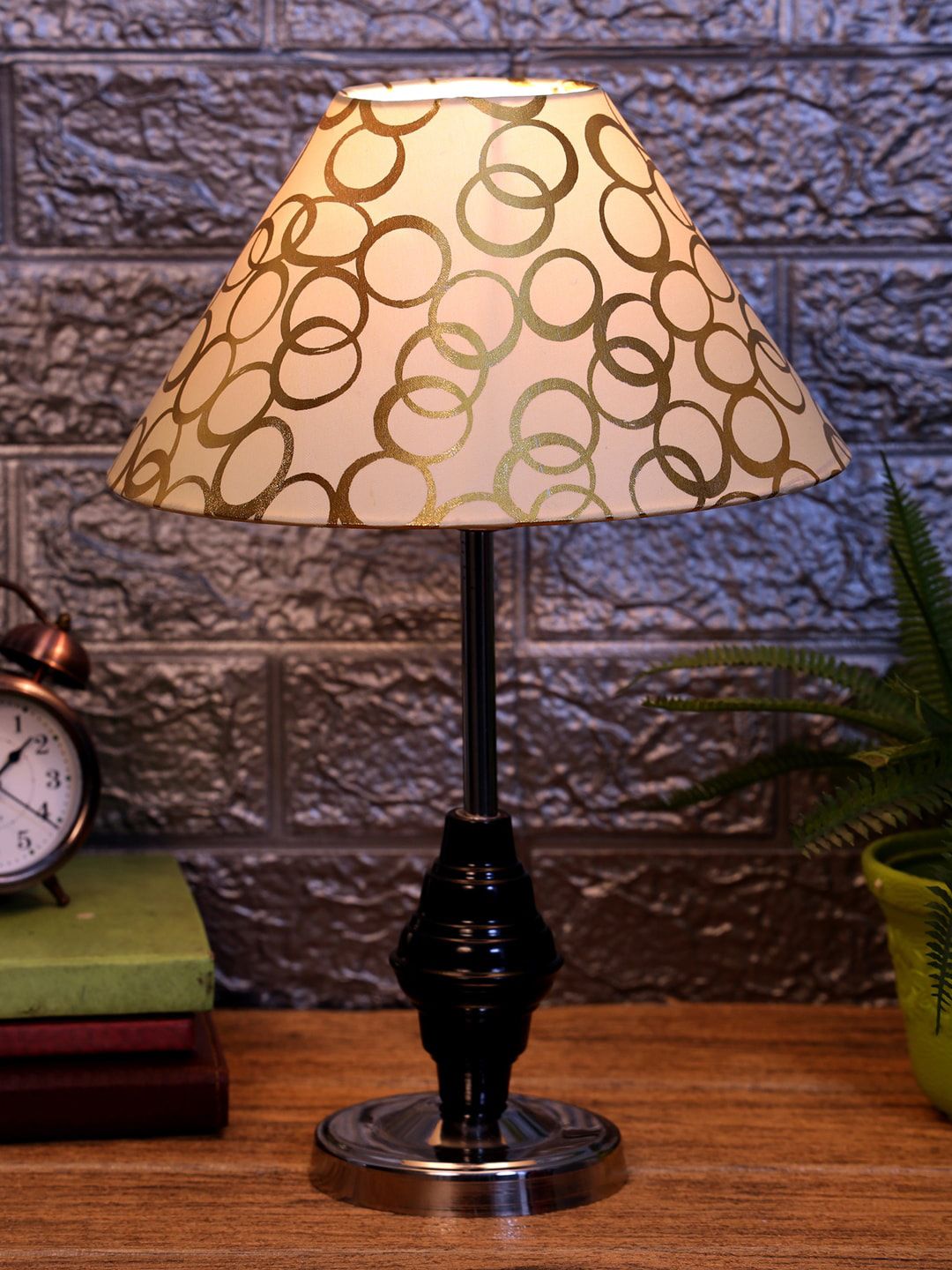 foziq Unisex Black  & Beige Printed Metal Table Lamps Price in India