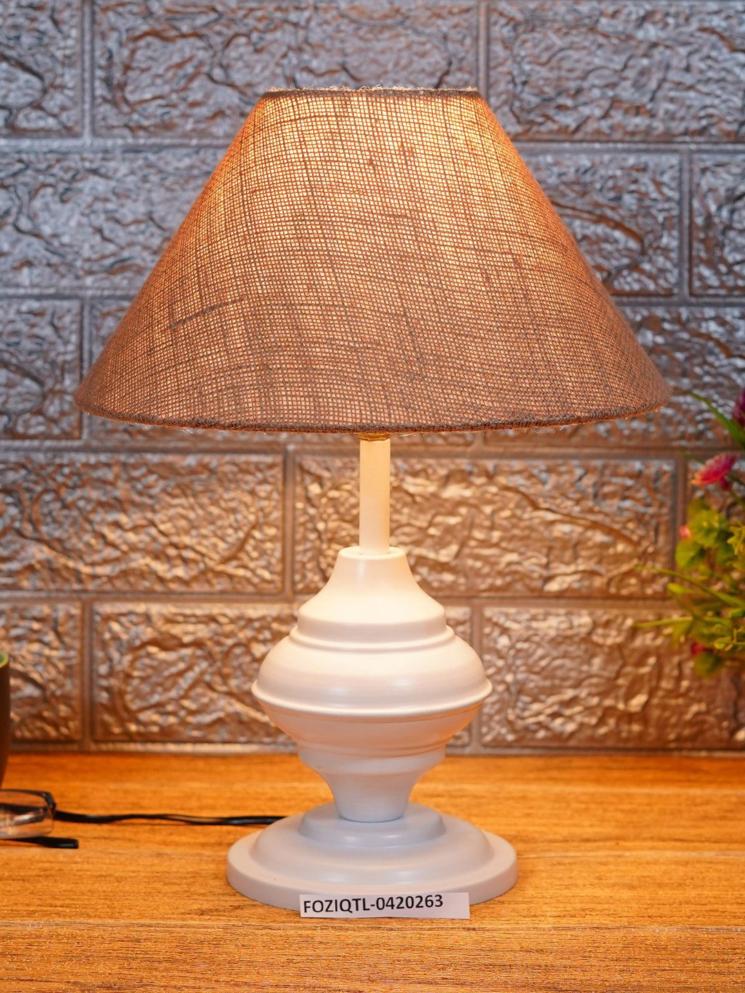 foziq White & Brown Printed Table Lamp Price in India