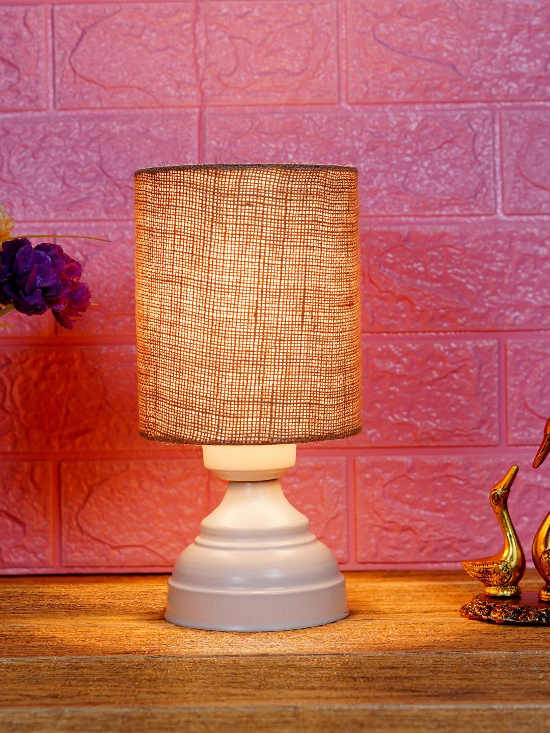 foziq White & Brown Textured Table Lamp Price in India