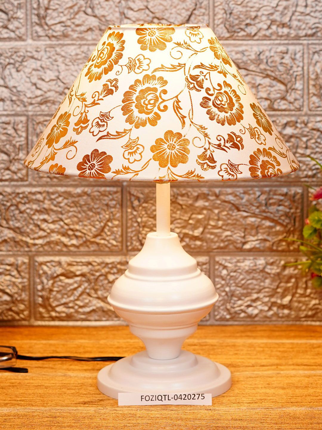 foziq White & Gold-Toned Printed Metal Table Lamps Price in India