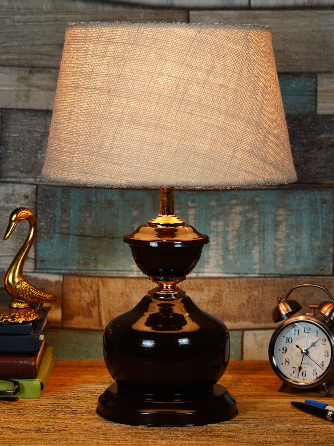 foziq Brown & Beige Textured Table Lamps With Shade Price in India