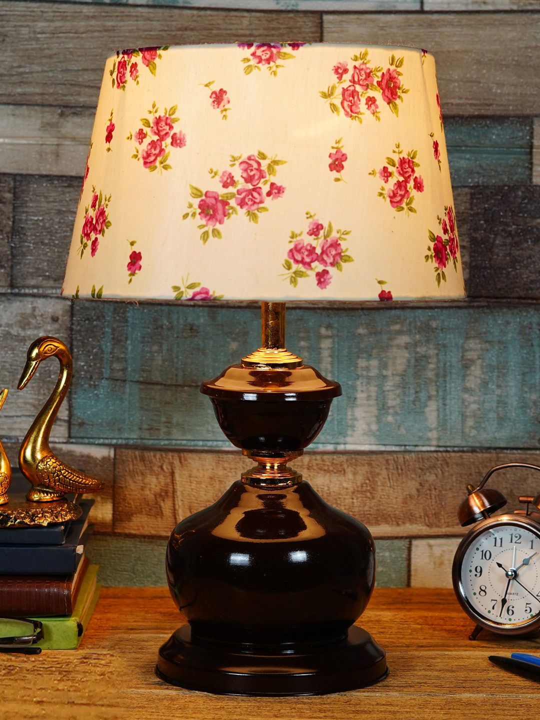 foziq Brown & White Printed Metal Table Lamps Price in India