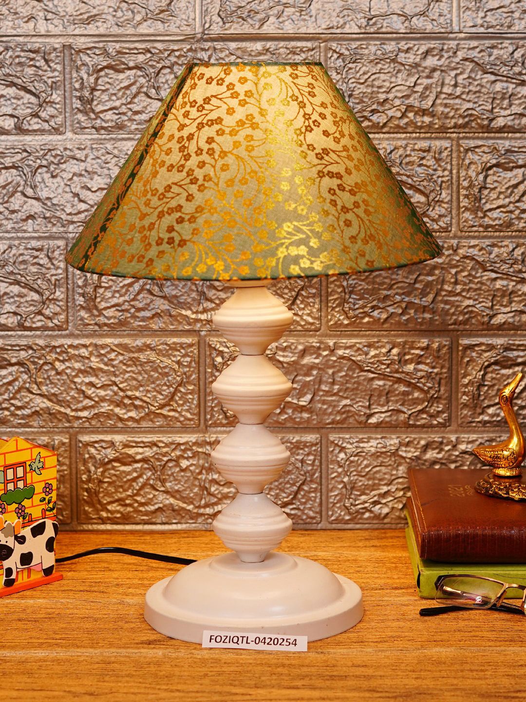 foziq White & Brown Printed Table Lamp Price in India