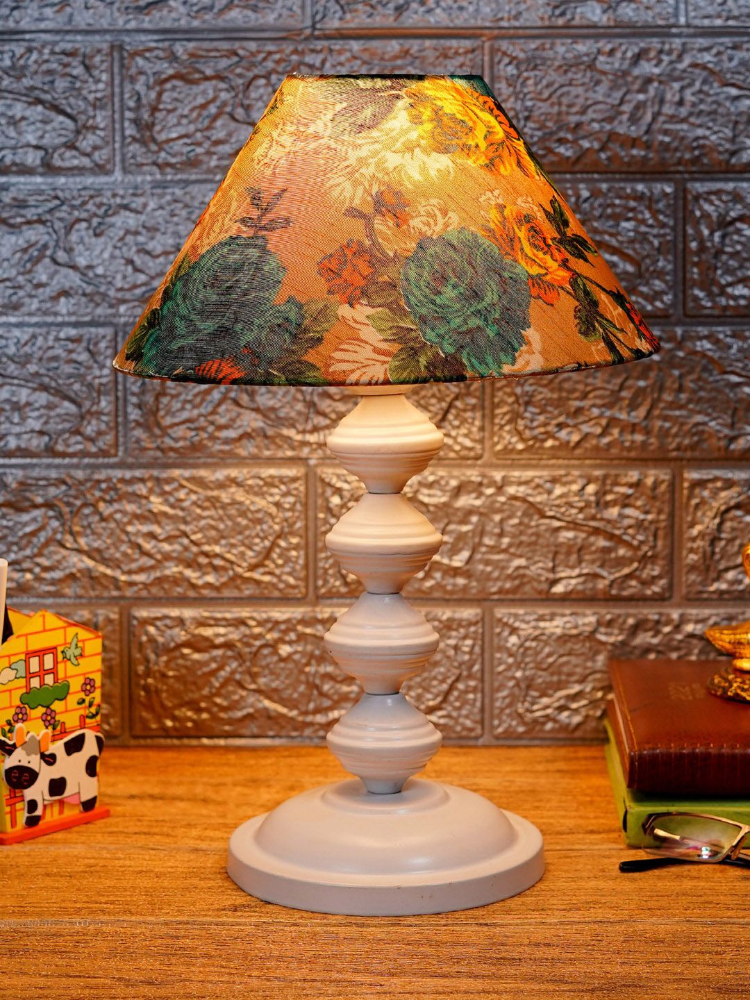 foziq Unisex White & Orange Printed Table Lamp Price in India