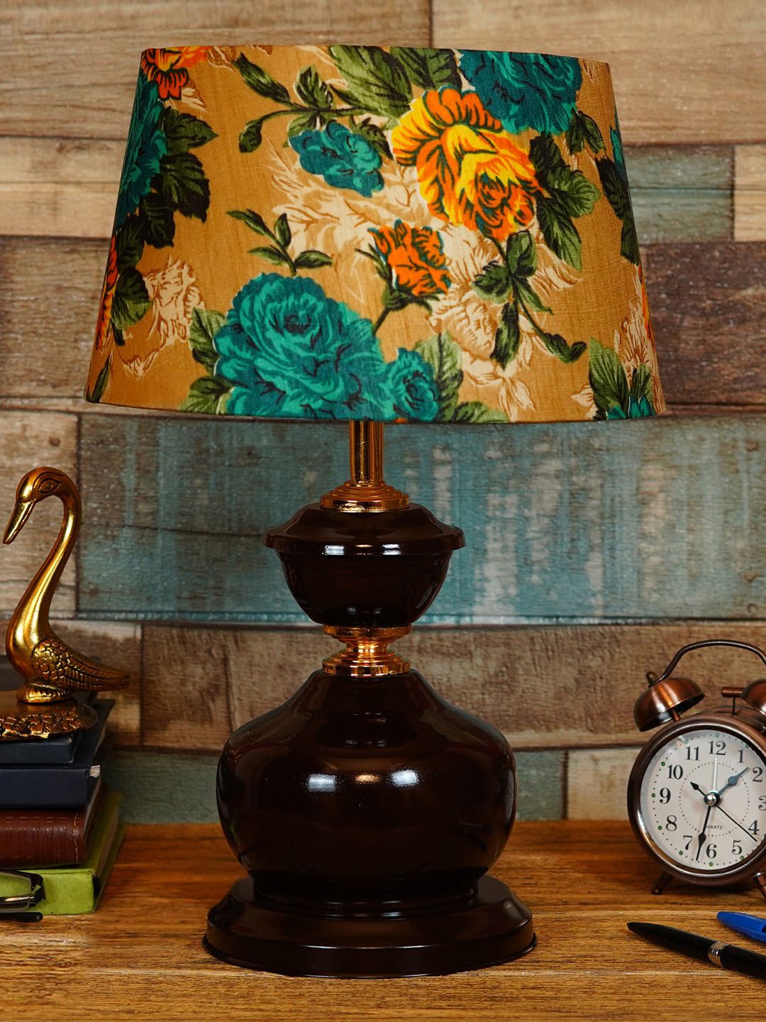 foziq Brown & Yellow Printed Table Lamp With Shade Price in India