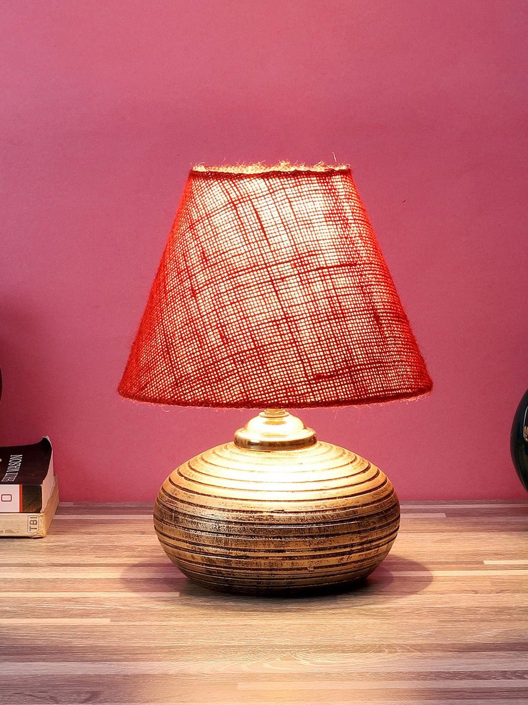 foziq Red Textured Frustum shaped Table Lamp Price in India