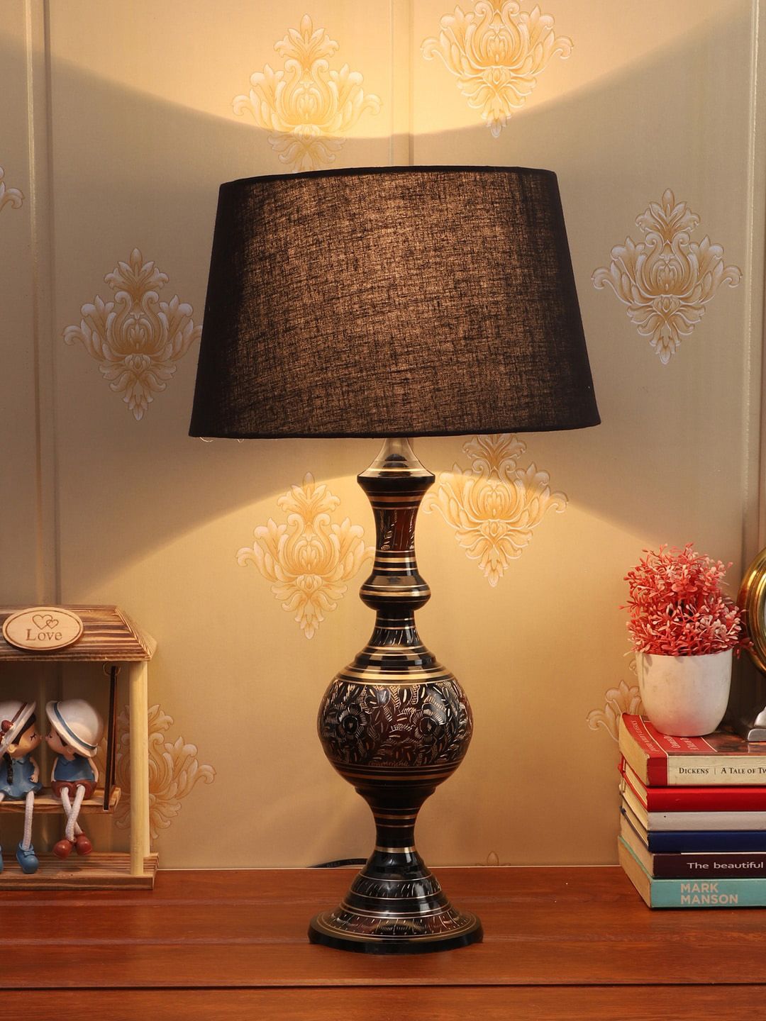 foziq Gold-Toned & Black Printed Table Lamp Price in India