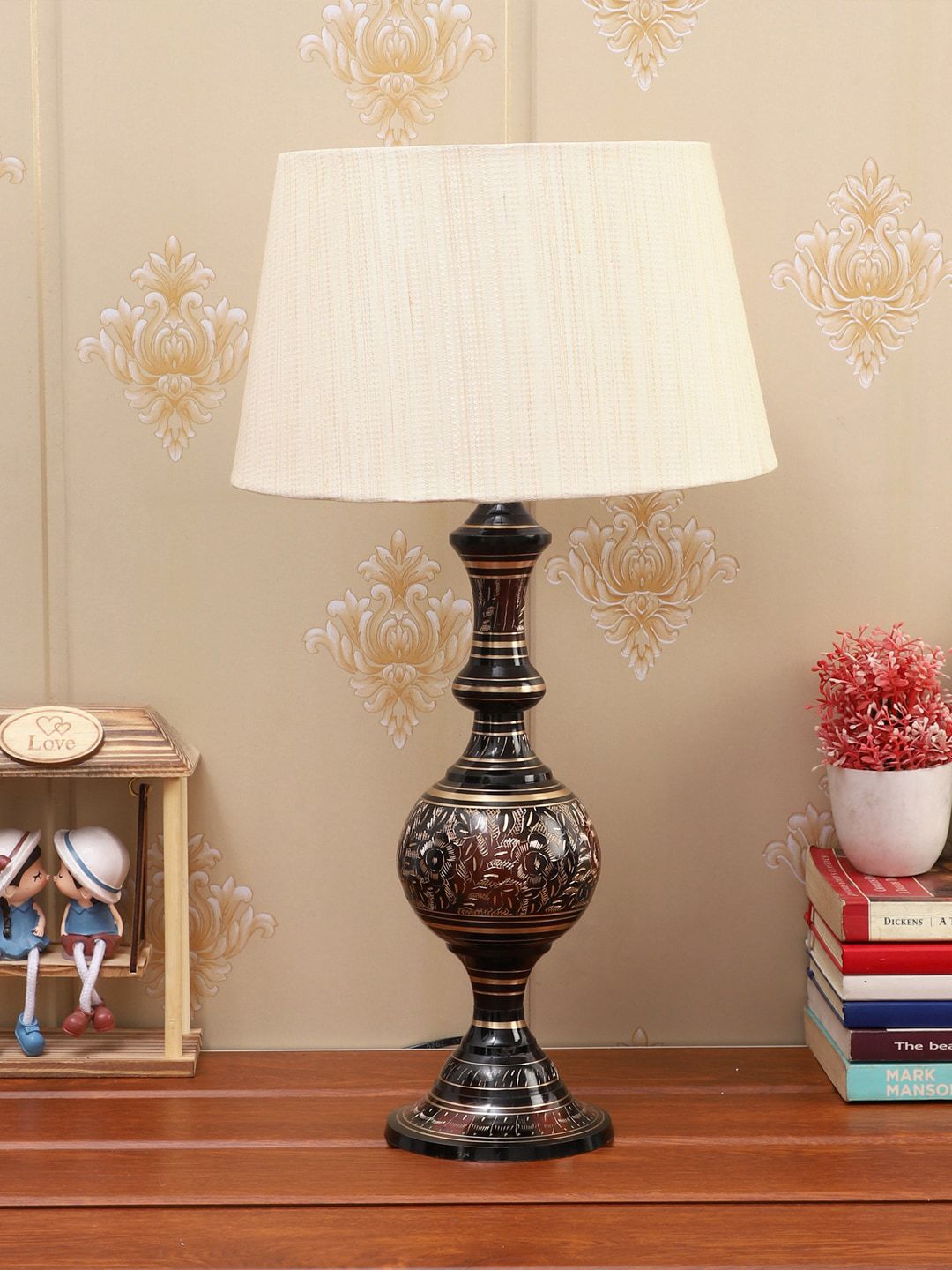 foziq Gold-Toned & Beige Textured Table Lamp With Shade Price in India