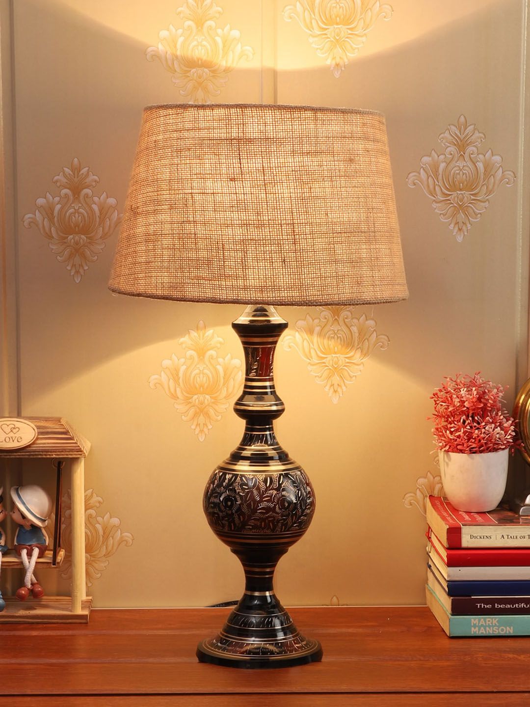 foziq Unisex Gold & Maroon Printed Table Lamp Price in India