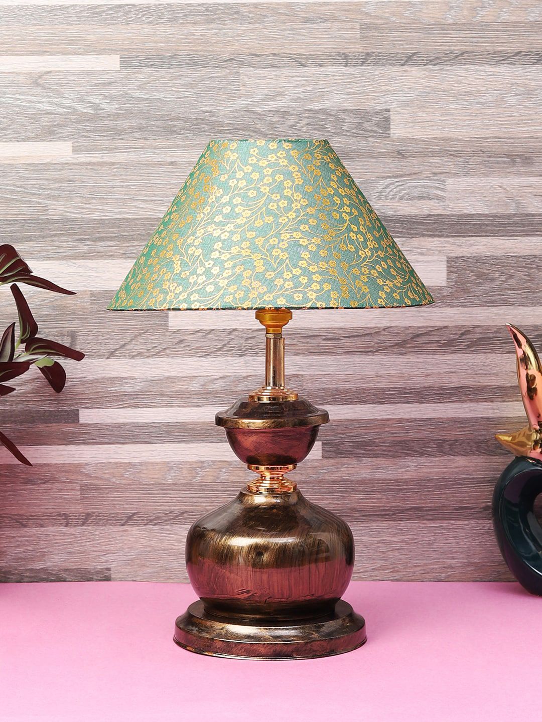 foziq Copper Printed Metal Table Lamp With Fabric Shade Price in India