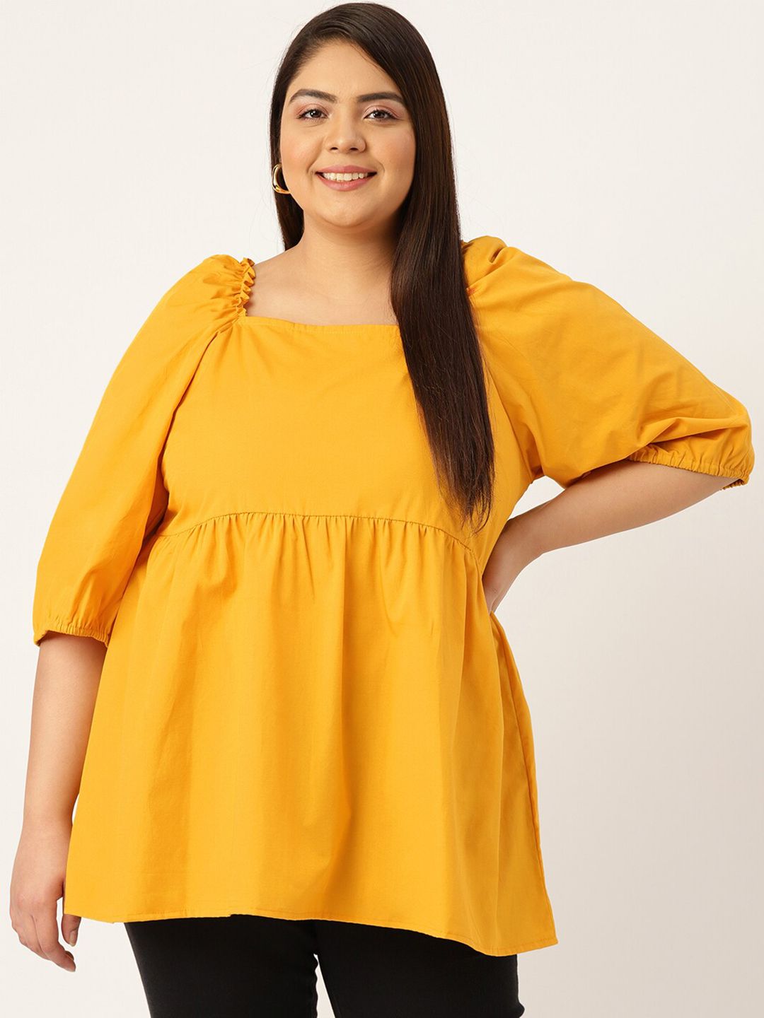 theRebelinme Plus Size Women Mustard Yellow  A-Line Pure Cotton Longline Top Price in India