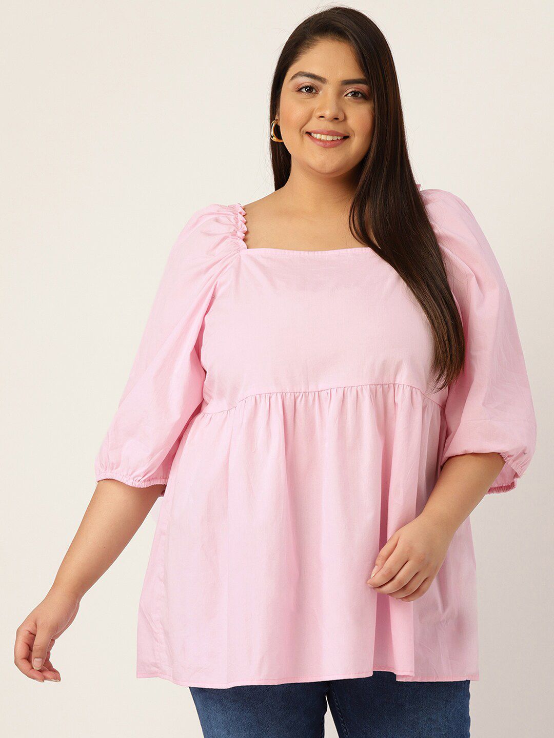 theRebelinme Pink Plus Size Solid Pure Cotton Empire Longline Top Price in India