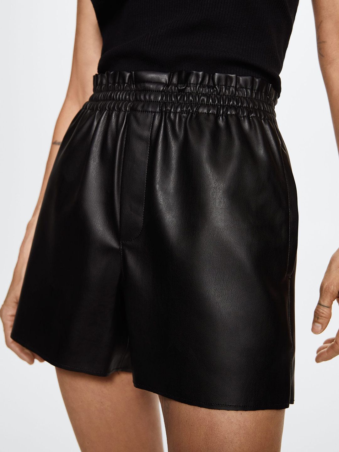MANGO Women Black High-Rise Faux Leather Shorts Price in India