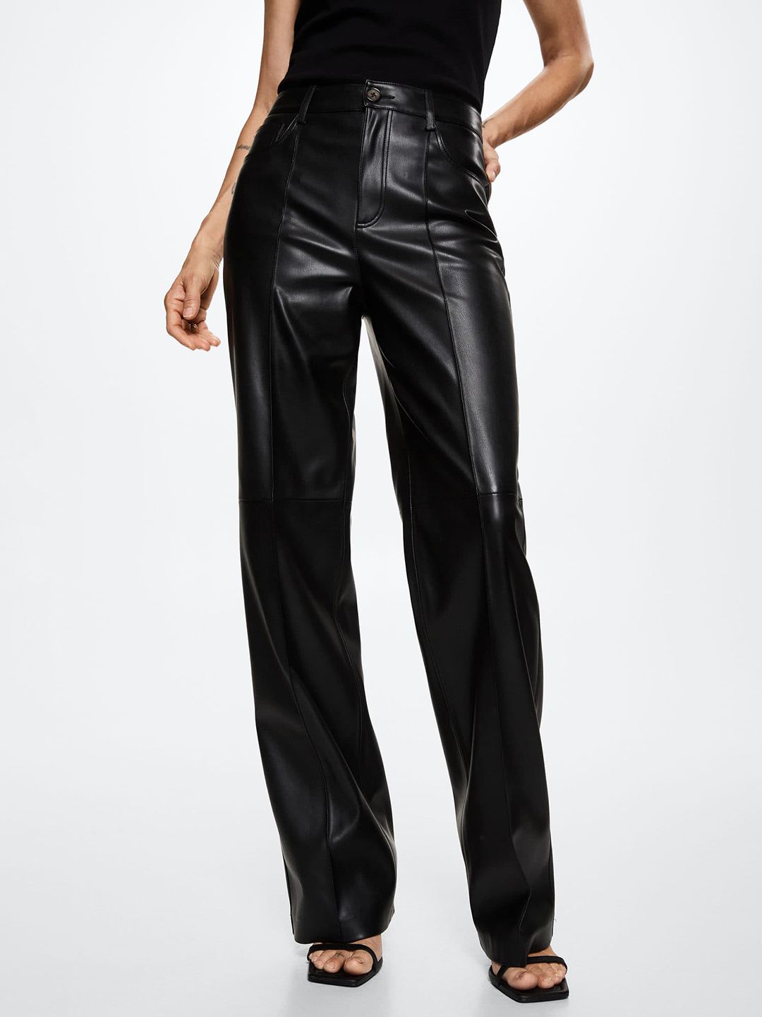 MANGO Women Black Sustainable Faux Leather High-Rise Parallel Trousers Price in India