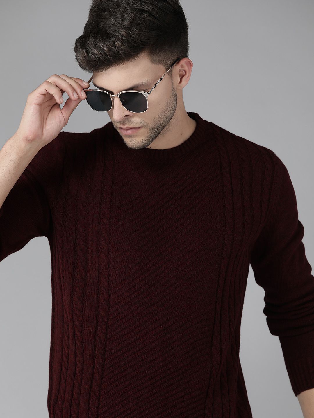 Roadster Men Maroon Self Design Pullover