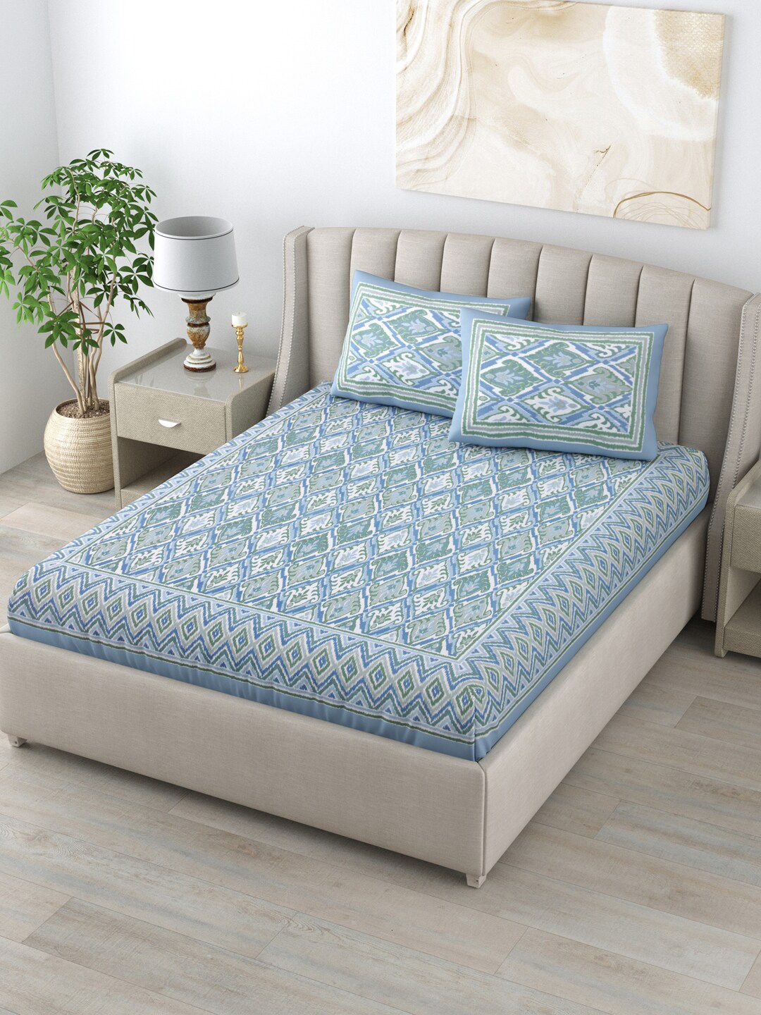 LIVING ROOTS Blue & White Ethnic Motifs 160 TC King Bedsheet with 2 Pillow Covers Price in India