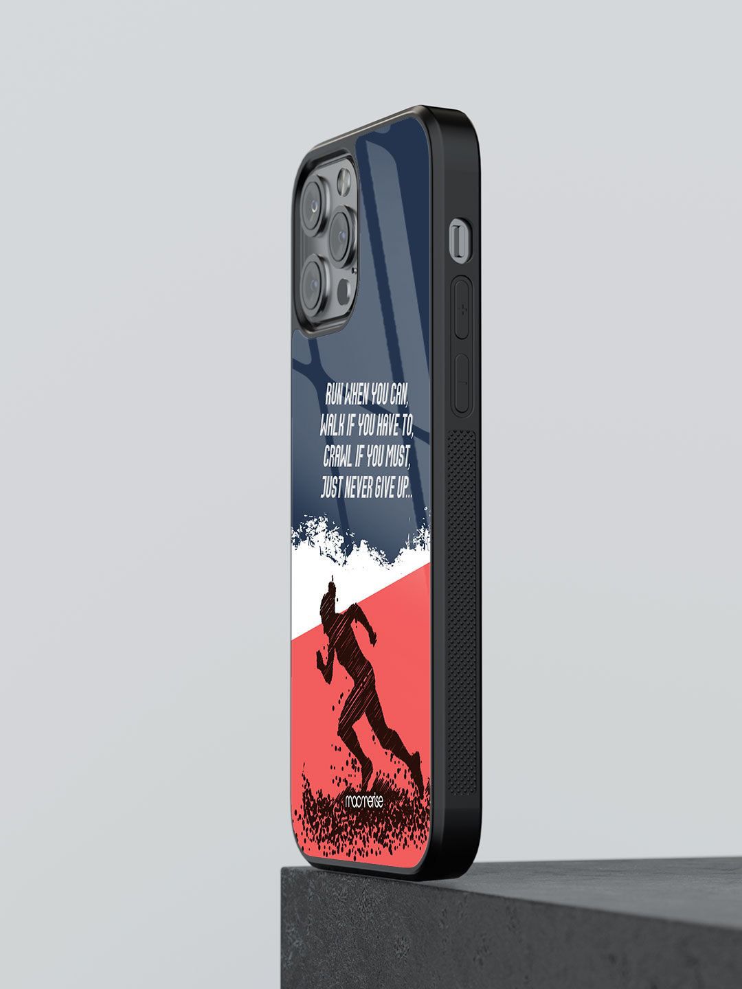 macmerise Red And Blue Printed Running Motivation Glass iPhone 12 Pro Max Back Case Price in India