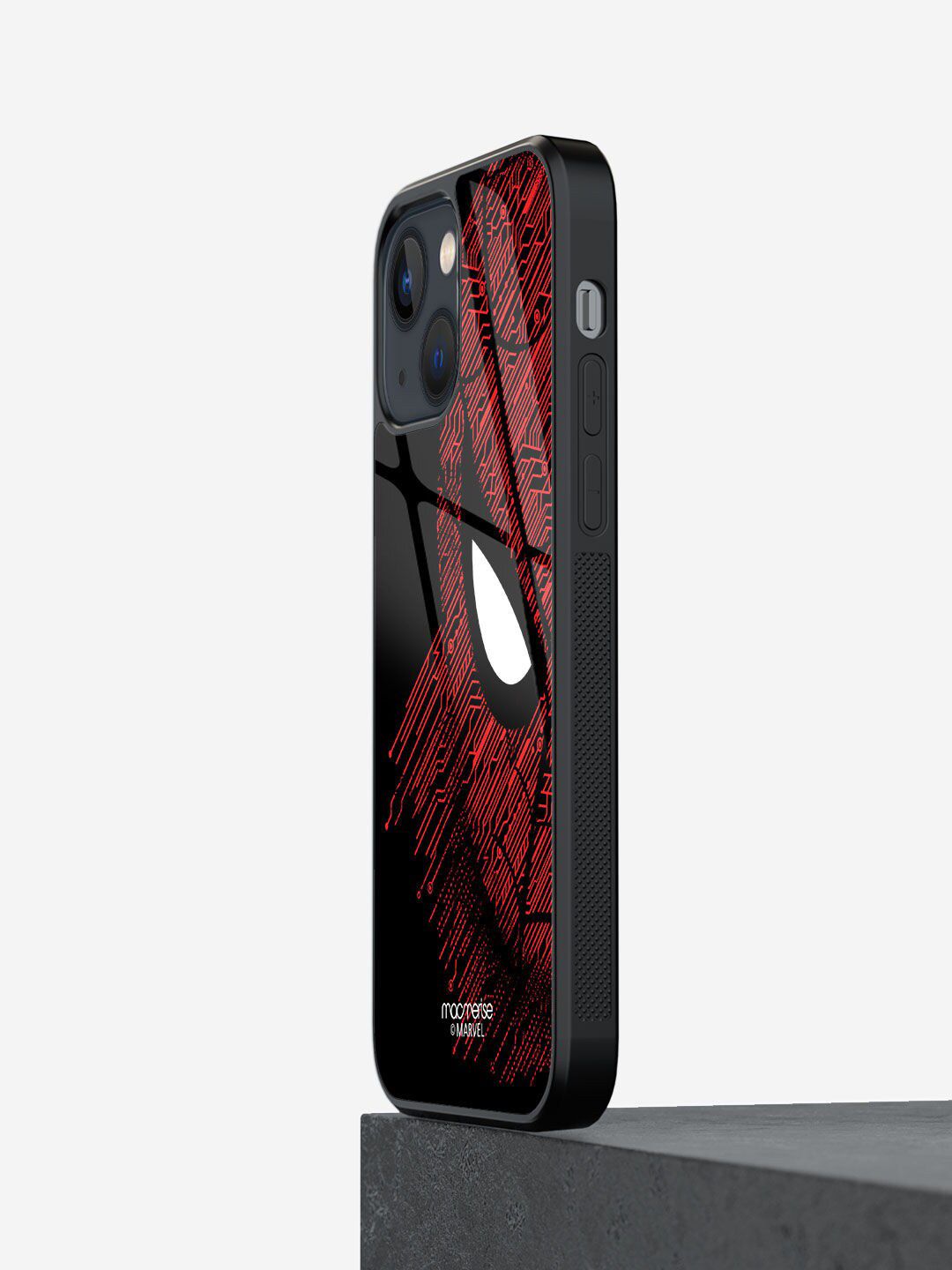 macmerise Black Sketch Out Spiderman Printed iPhone 13 Mini Glass Back Case Price in India