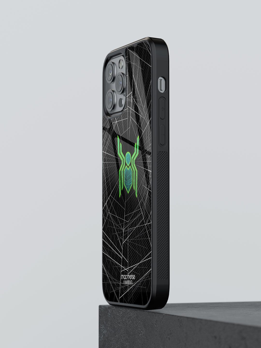 macmerise Black Printed Spiderman Logo Web Glass Iphone 13 Pro Max Phone Case Price in India