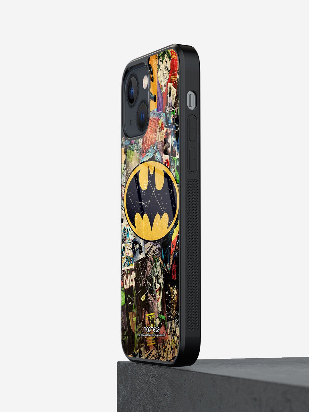 macmerise Black Comic Bat Man Printed iPhone 13 Mini Glass Back Case Price in India