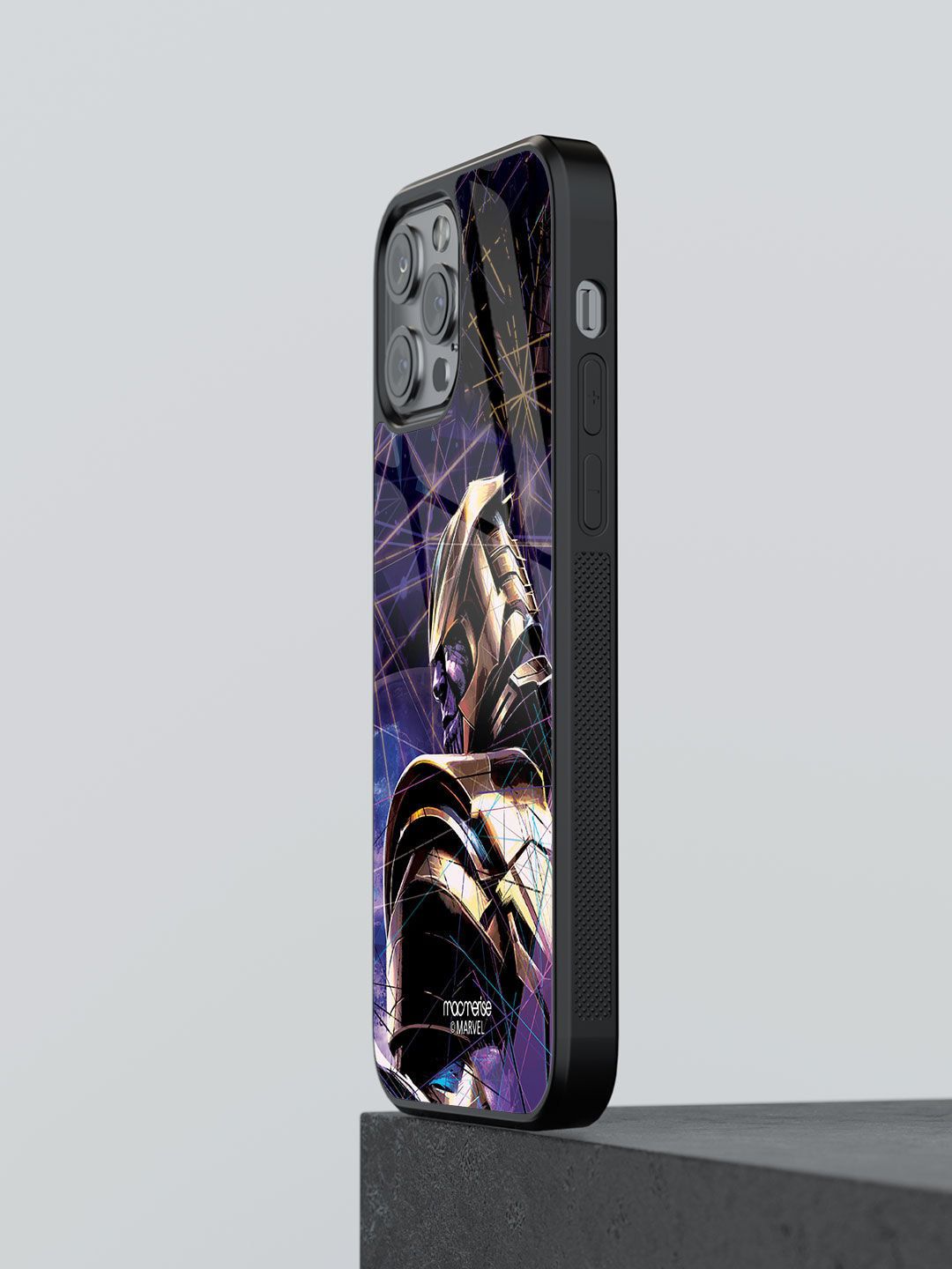 macmerise Black & Gold Printed Thanos on Edge Glass iPhone 13 Pro Back Case Price in India