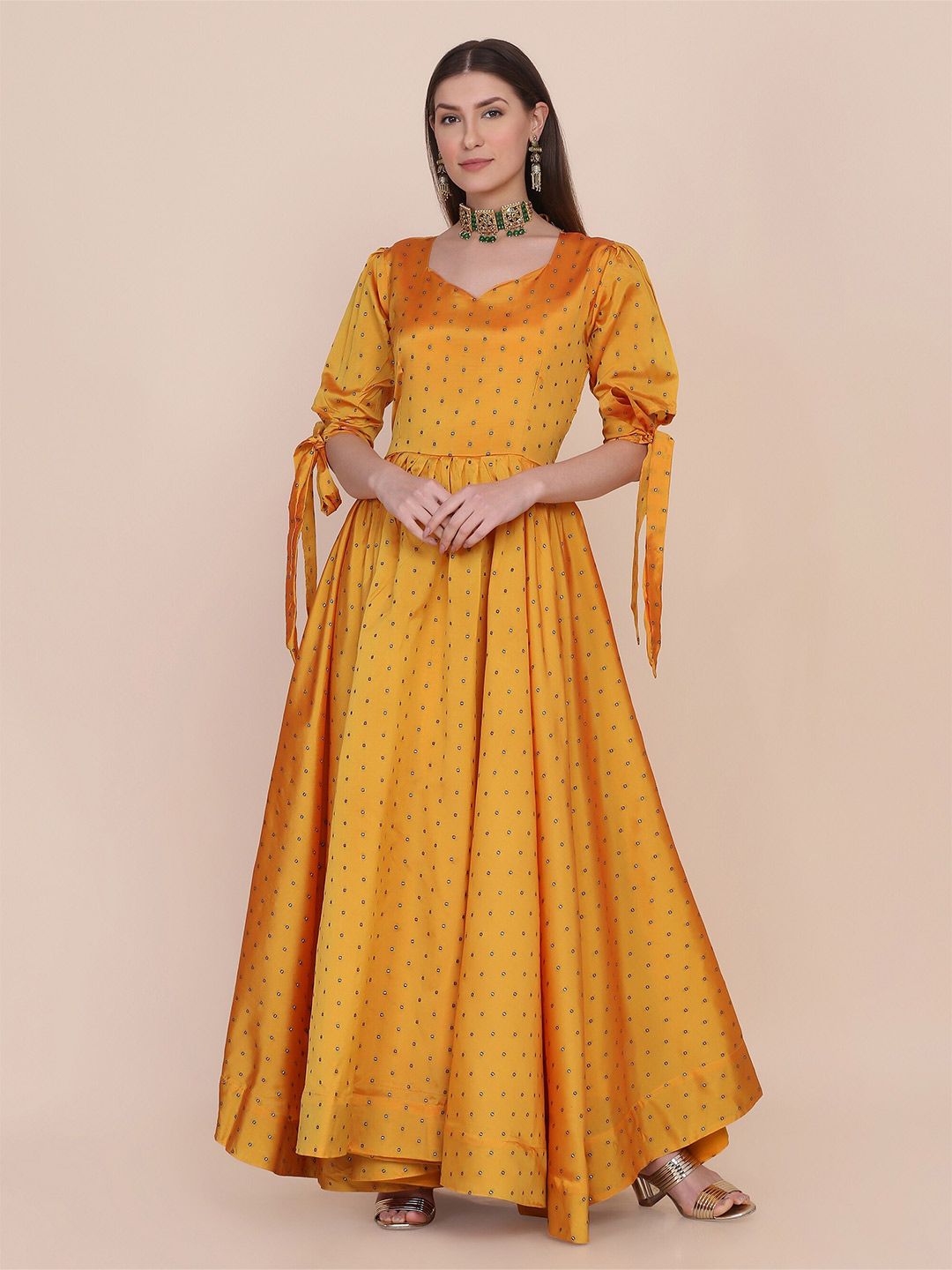 Atsevam Women Yellow Printed Jacquard Ethnic Maxi Dress Price in India