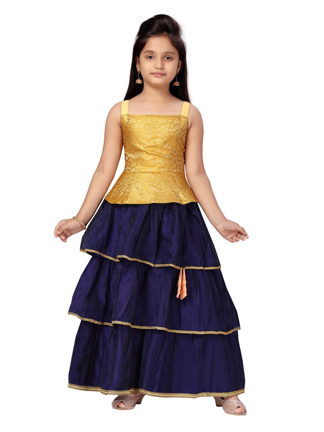 Aarika Girls Yellow & Blue Printed Ready to Wear Lehenga Choli Price in India