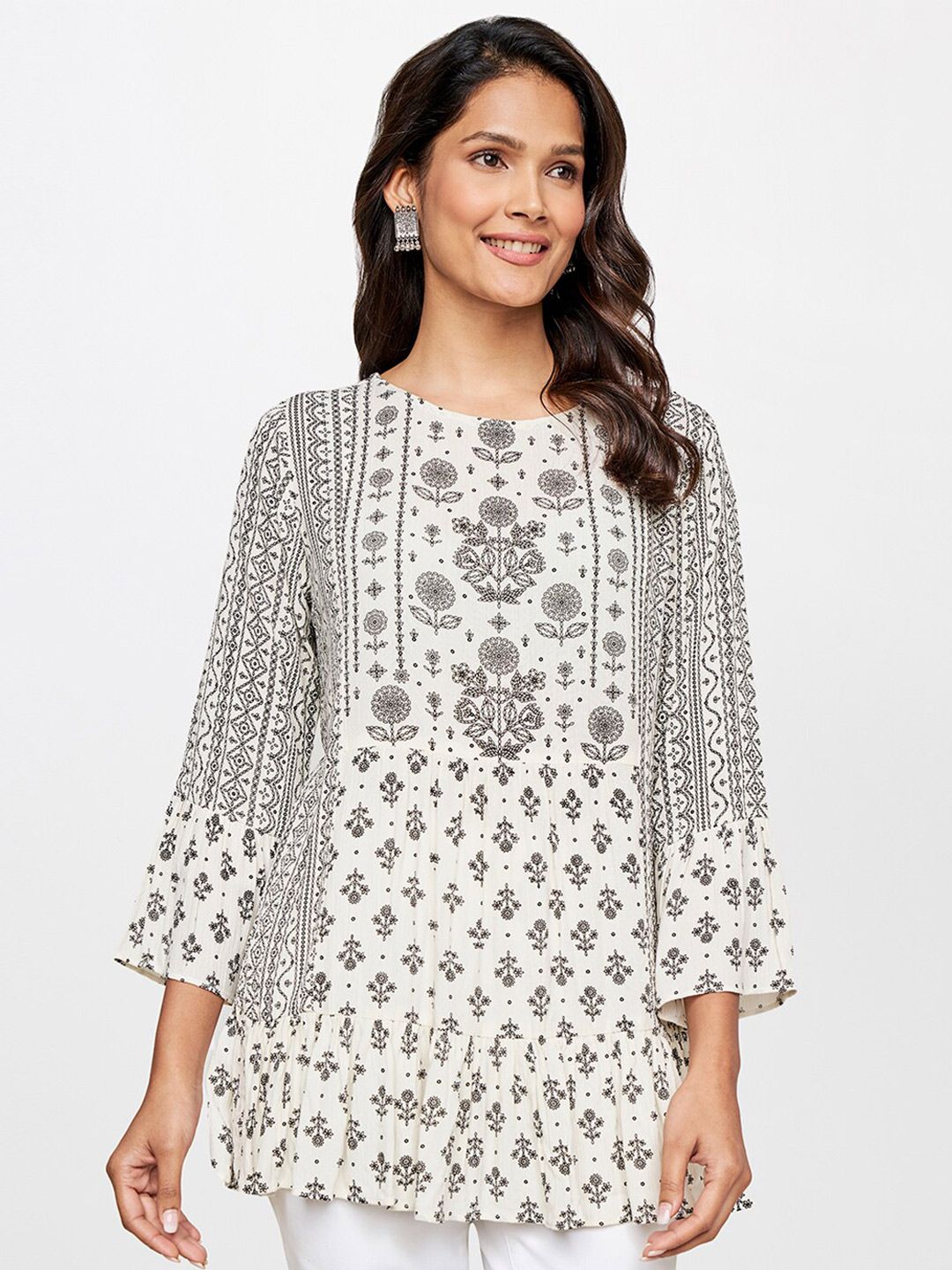itse White & Black Ethnic Motifs Print Flared Sleeves Viscose Rayon Top Price in India