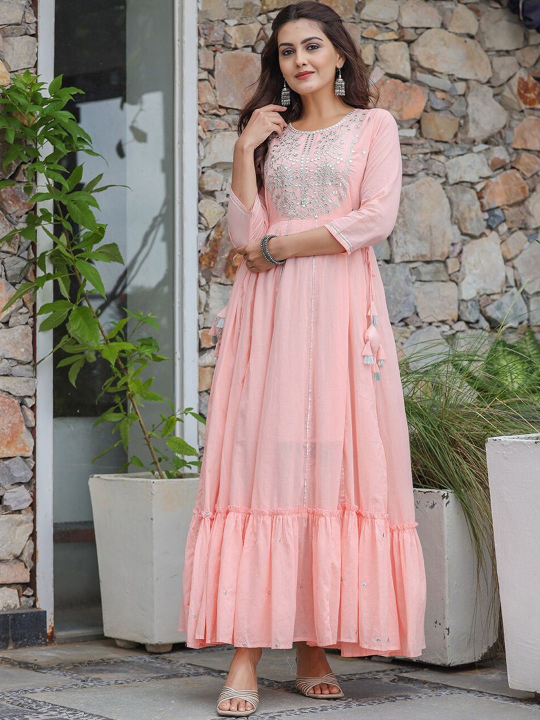 KAAJH Women Pink Embellished Pure Cotton Anarkali Ethnic Dresses Price in India
