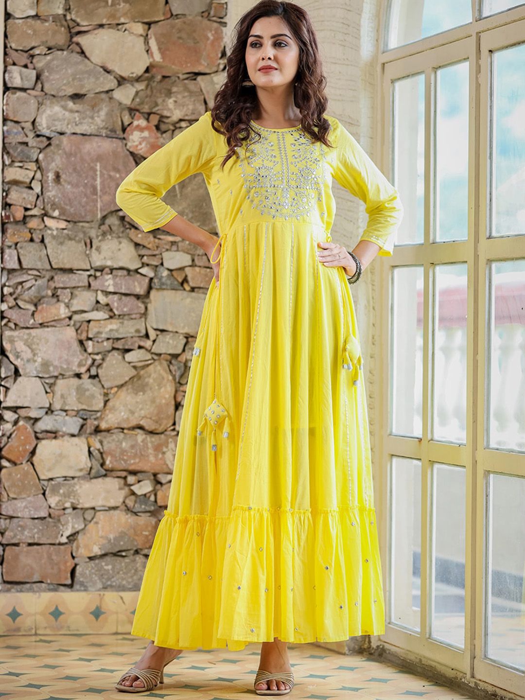 KAAJH Women Yellow Embroidered Pure Cotton Ethnic Dresses Price in India