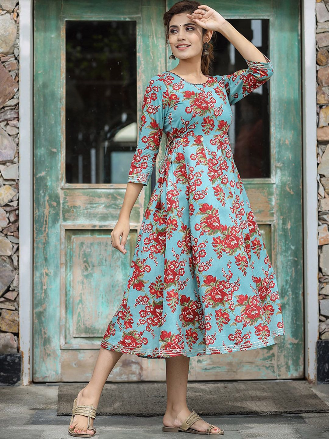 KAAJH Women Turquoise Blue Printed Cotton Ethnic Dresses Price in India