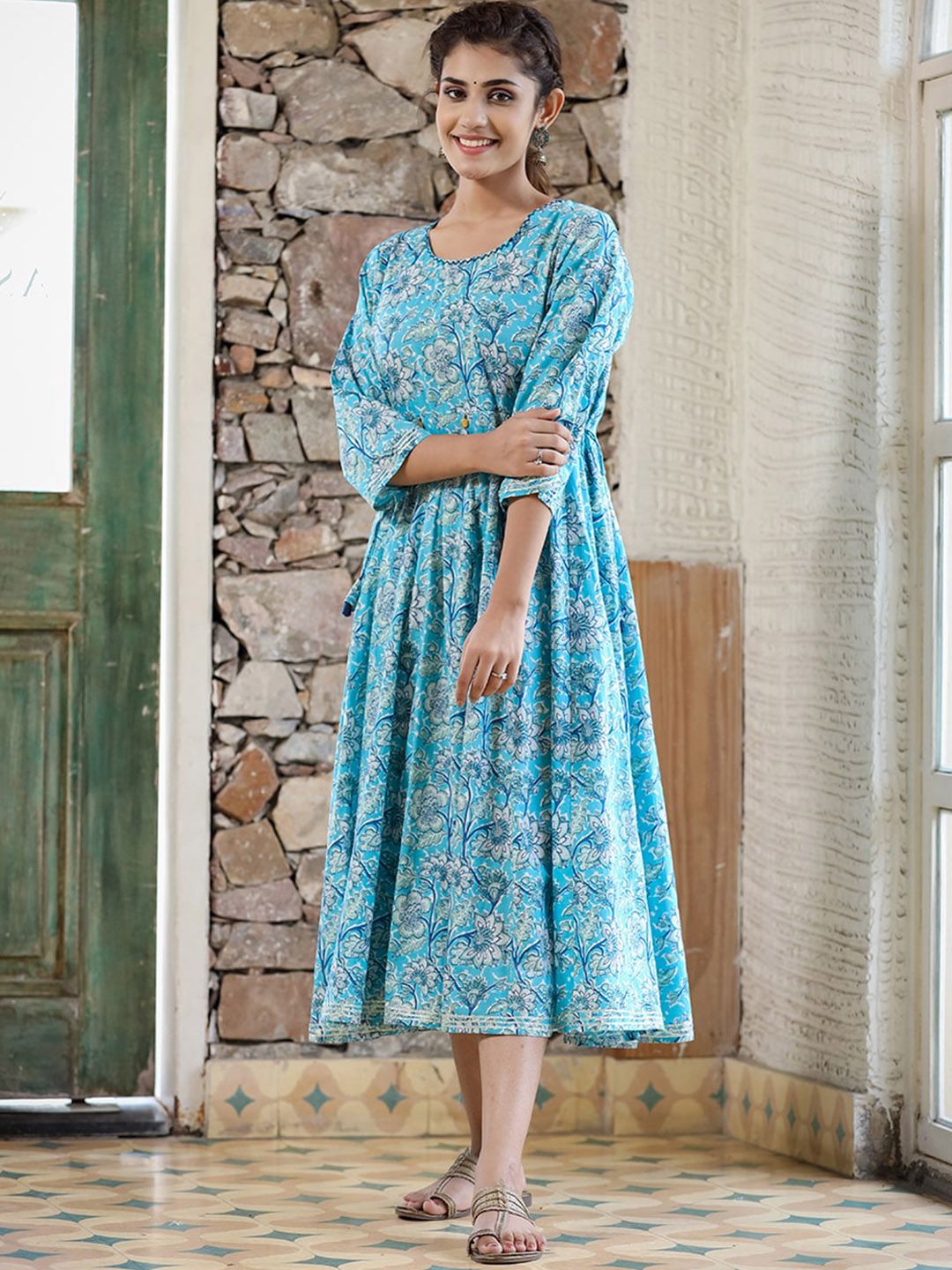 KAAJH Women Blue Floral Printed Pure Cotton Ethnic Dresses Price in India