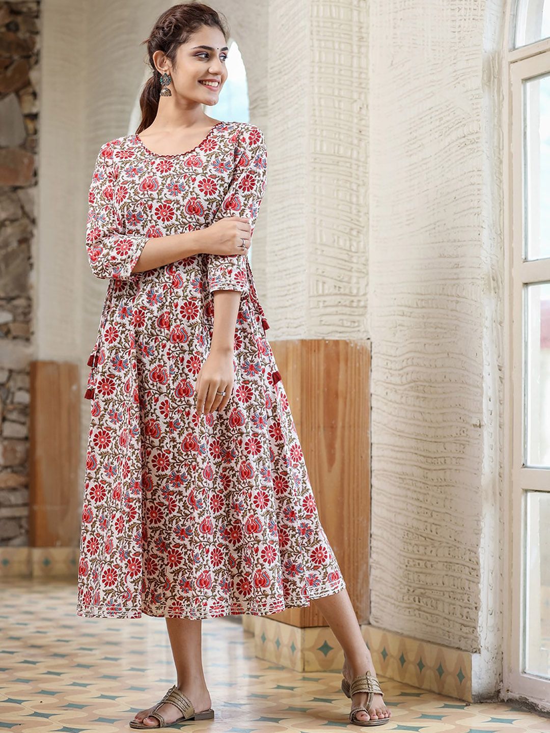 KAAJH Women White & Red Printed Cotton Ethnic Dresses Price in India