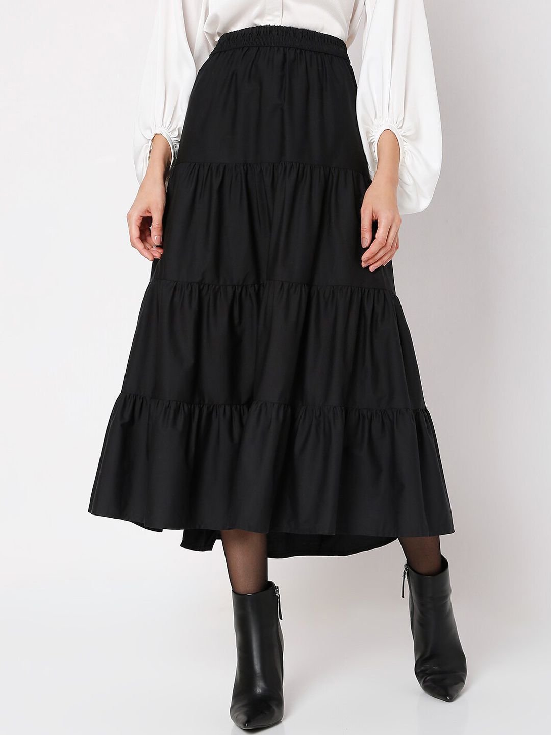 Vero Moda Women Black Solid Pure Cotton Flared Maxi Skirt Price in India