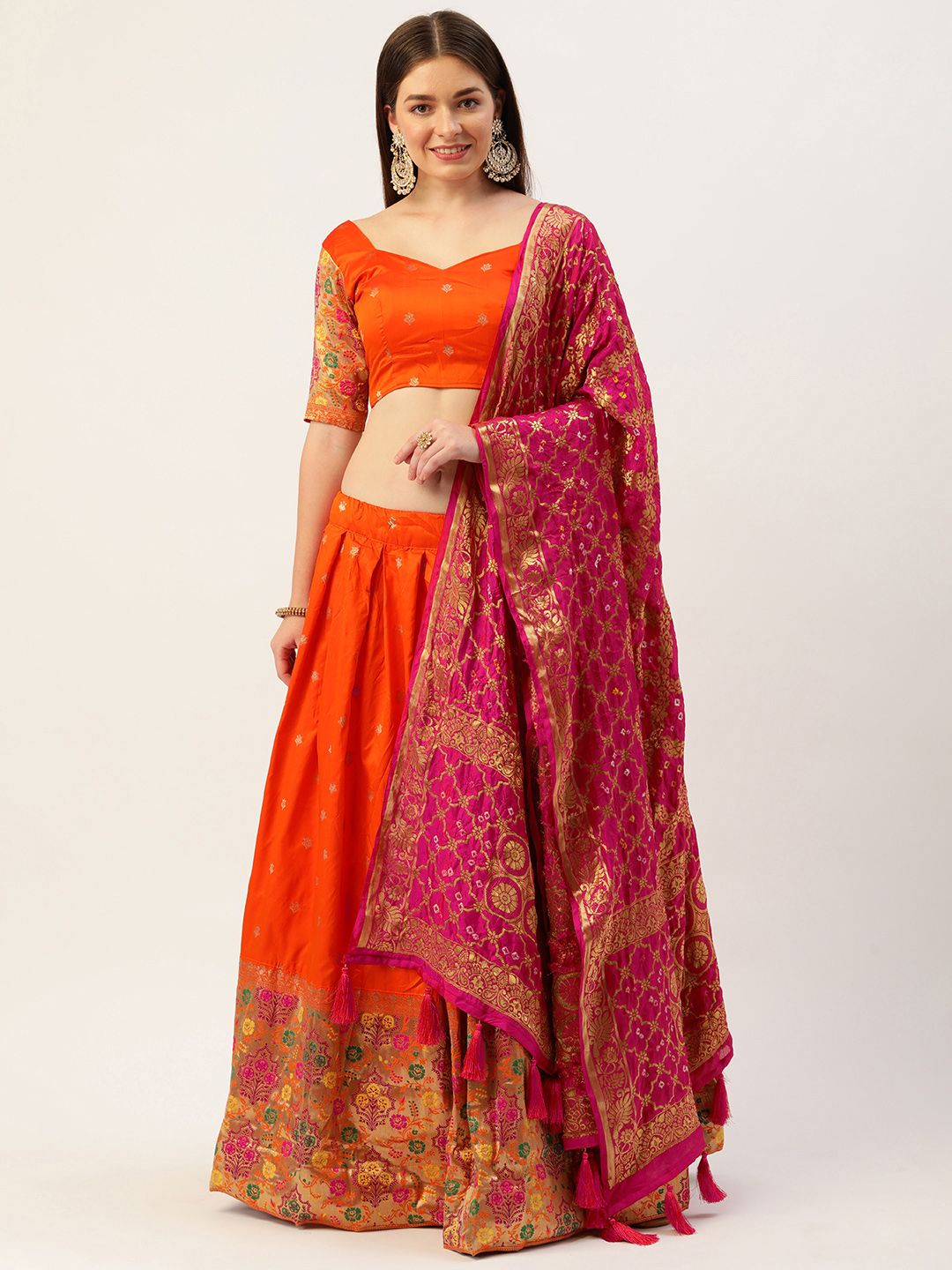 LOOKNBOOK ART Orange Jacquard Silk with Weaving Zari Work Lehenga Choli Price in India