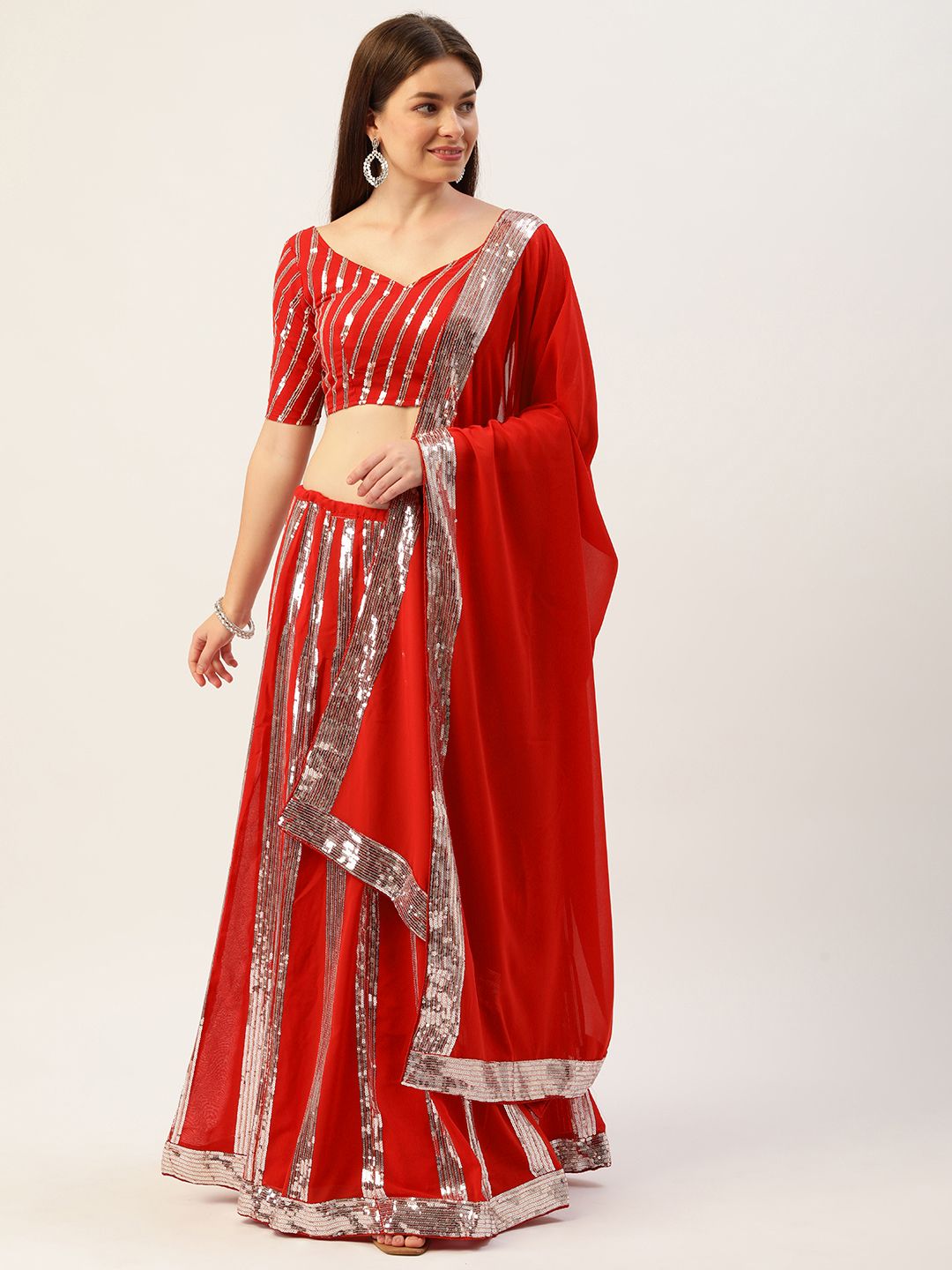 LOOKNBOOK ART Red & Silver-Toned Embellished Sequinned Semi-Stitched Lehenga & Unstitched Blouse With Price in India