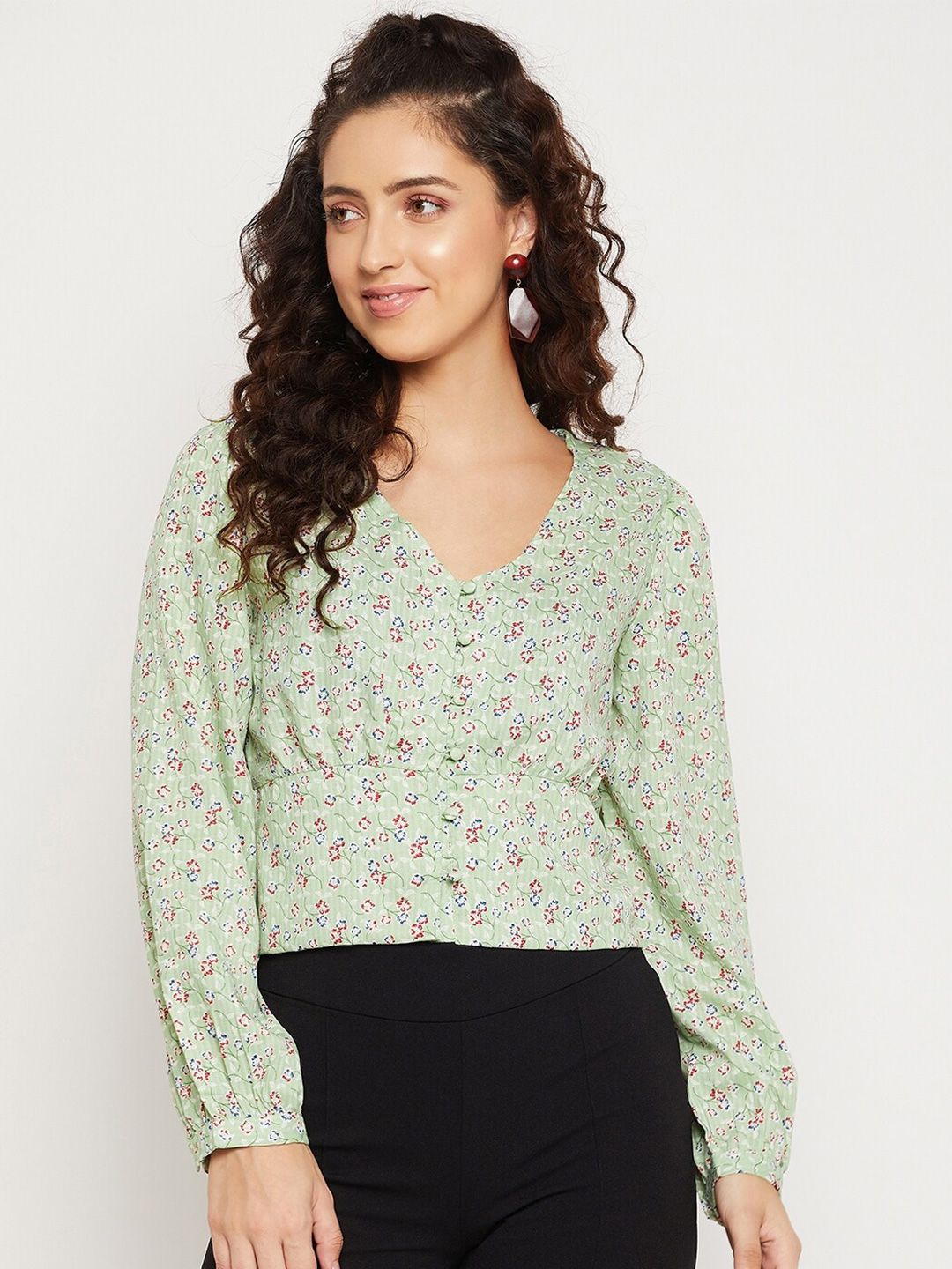 Madame Women Green & White Floral Print Top Price in India