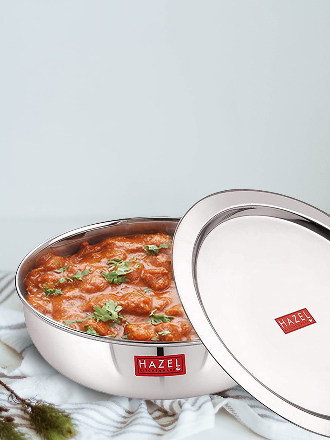 HAZEL Silver-Toned Solid Stainless Steel Kadai With Lid Price in India