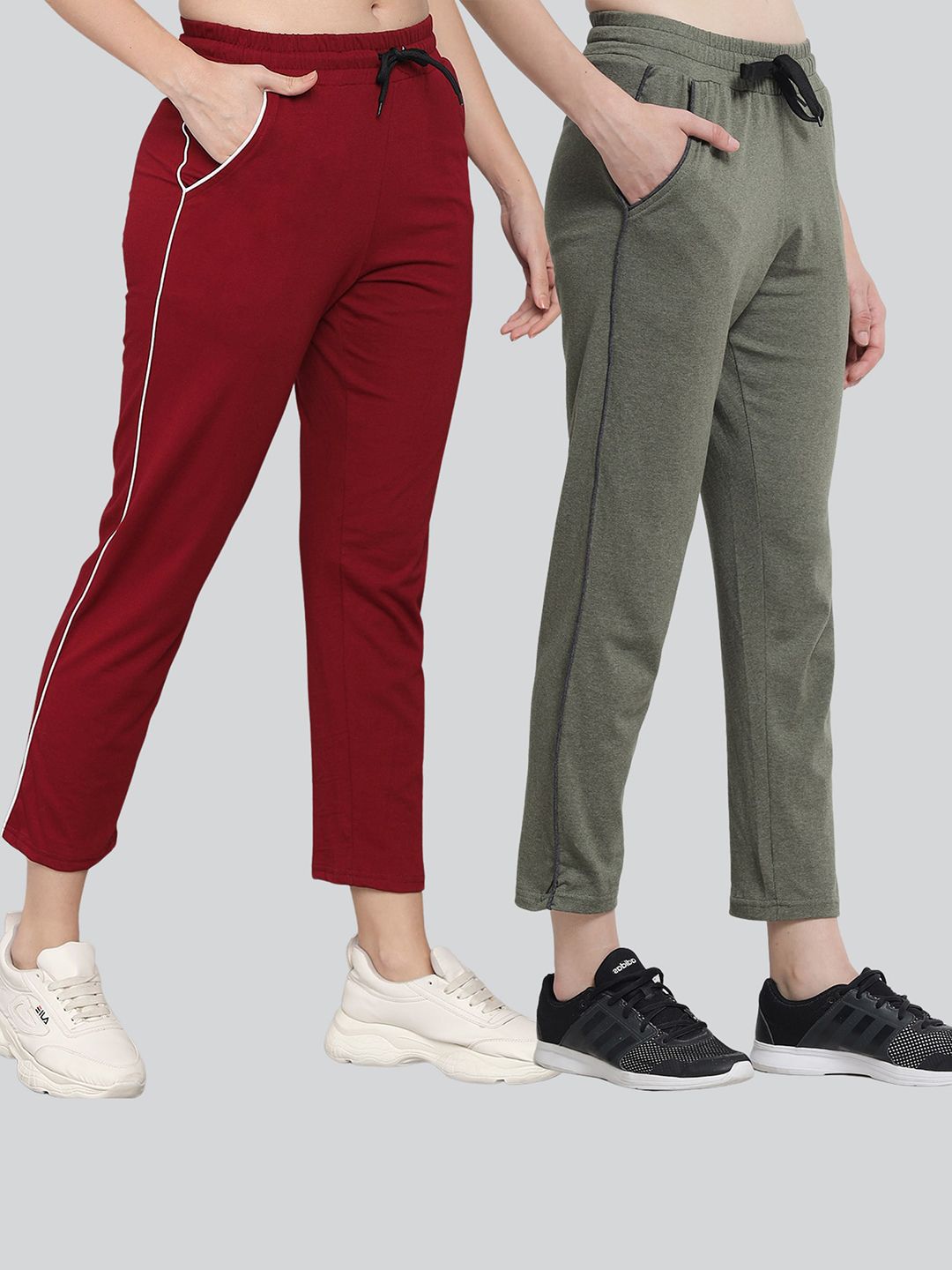 Q-rious Women Pack Of 2 Maroon & Olive Green Solid Pure-Cotton Track Pants Price in India